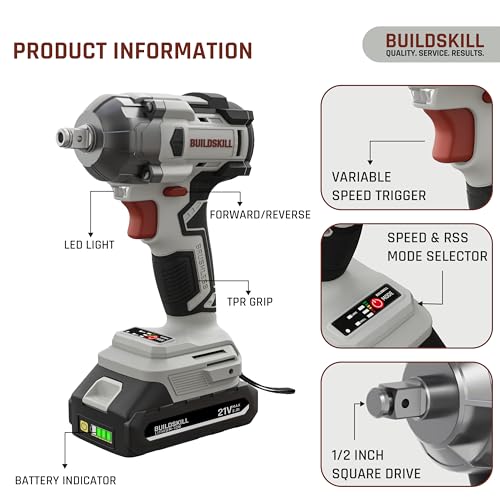Image of BUILDSKILL 21V - 1 /2 inch 400NM BLDC Cordless Impact Wrench Set | 2 x 2.0Ah Battery | 10 Pcs Socket + 10 Pcs Screwdriver Bit | LED Light | 3400-4500 RPM | 2800-3200 Impact Rate | 2.0A Fast Charger