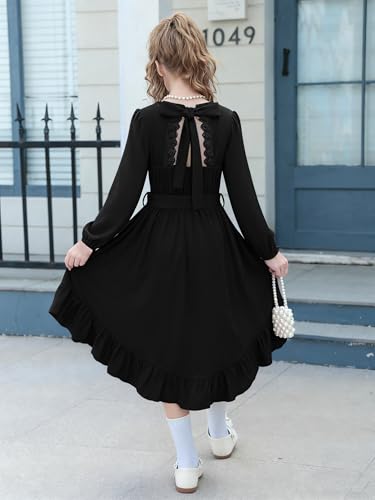 Girls Boho Dress Teen Long Sleeve Lace Backless Tie Back High Low Swing Pocket Dresses with Belt Size 5-16 Years