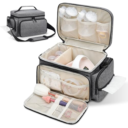 Image of GDNasist Breast Pump Bag Fit for Spectra S1 and S2, Pumping Bag with Waterproof Mat for Pump Accessories, Portable Pump Carrying Case for Work, Travel and Family Use, Grey