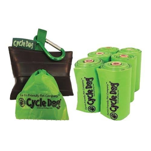 Cycle Dog Pick-Up Bag Holder and Sustainable Plant Powered Dog Poop Bags Park Pouch Combo (72 Total, 6-Rolls, 12 Per Roll) - Made with Corn & Plant Starches/No Plastic/Easy to Use/Made in USA