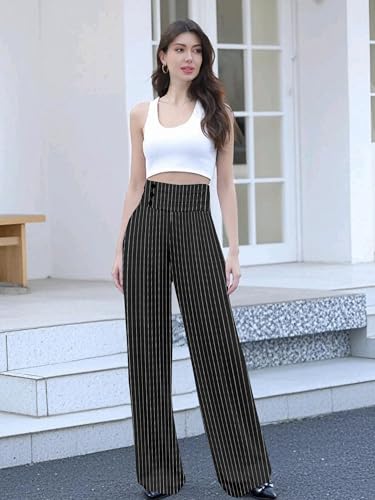 Betusline Women's High Waist Dress Pants Business Side Button Work Wide Leg Pants Straight Leg Trousers, Stripe Black, Medium4