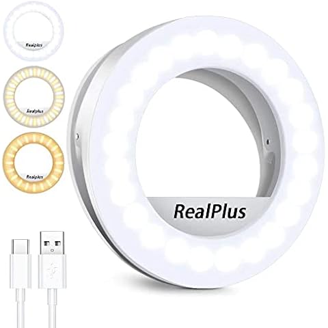 Selfie Ring Light, RealPlus Clip-on Ring Light [Rechargeable] with 40 LEDs and 3 Light Modes, Dimmable Selfie Light for Phone, Tablet, Laptop, Zoom Meeting, Makeup, Video Cover