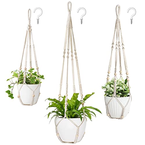 Image of Mkono 3 Pack Macrame Plant Hangers Hanging Planters for Indoor Plants Ivory