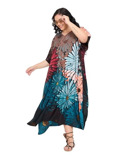Image of Gypsie Blu Women Plus Size Kaftan Dress Beach Cover Up Maxi Dresses for Women, V-Neck Kimono Sleeve 1X-3X