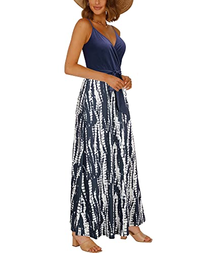 Image of OUGES Womens Summer Maxi Dress V Neck Floral Adjustable Spaghetti Strap Beach Dresses with Pockets