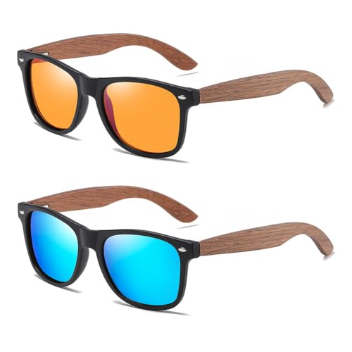 frissin Gafas de sol polarizadas cuadradas para hombre y mujer, protección UV400, patillas de madera de bambú, marco decorativo, espejo revestido, lentes TAC, para conducir, pescar, al aire libre