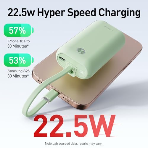 Image of iWALK Mini Portable Charger 10,000mAh, 22.5W USB-C Fast Charging Power Bank with Built-in Cable, Travel Essential Ultra-Small Battery Pack Compatible for iPhone 17 /16 /16 Pro /15, Samsung, Google, Green