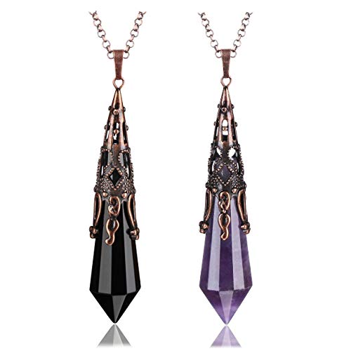 PESOENTH Amethyst Black Obsidian Crystal Pendulum Necklace Healing Point Chakra Reiki Gemstone Stone Pendant Retro Bronze Flower Wrap Necklace Jewellery Set,Pack of 2