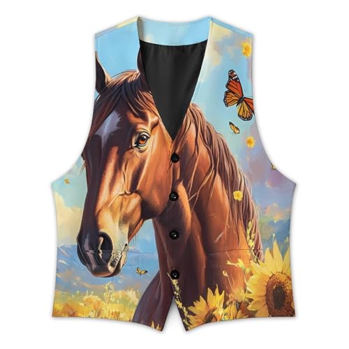Horse Sunflowers And Butterflie Men's Formal Suit Vest for Business Formal Or Casual Dress Waistcoat Wedding3