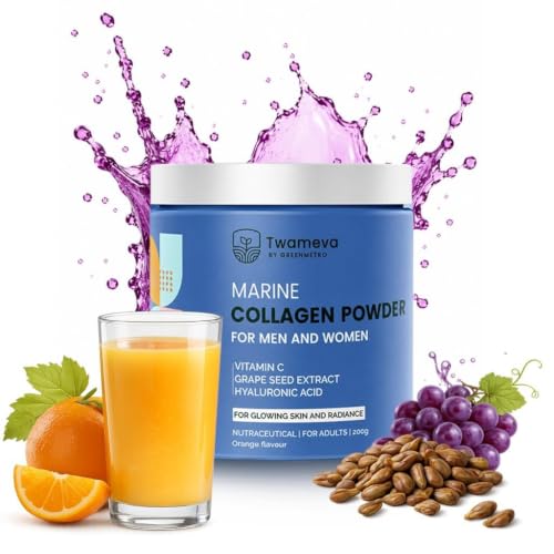 Image of Collagen Peptides Supplement for Skin, Hair, Nails | Vitamin C, E and Grape Seed Extract| For Healthy Skin,Hair | Marine Collagen Powder for Women & Men | Orange Flavour | 200g
