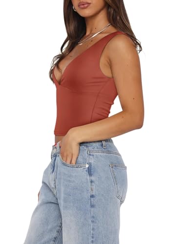 REORIA Women's Summer Sexy Plunge Deep V Neck Sleeveless V Backless Tank Top Going Out Double Lined Yoga Crop Tops Rusty Red X-Small — view 3
