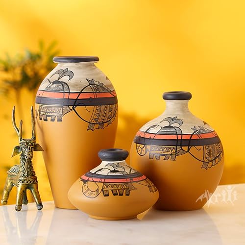 Image of Aakriti Art Creations Vase Earthen Miniatures Yellow Madhubani Set of 3 | Hand-Painted Terracotta Flower Vases | Matte Finish Decorative Vases for Living Room, Table Decor & Gifting