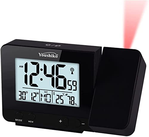 Youshiko Radio Control (Official 2023 MSF UK Version) Projection Alarm Clock, Bedroom Projector Clock Dual Alarms LCD Display Date Time