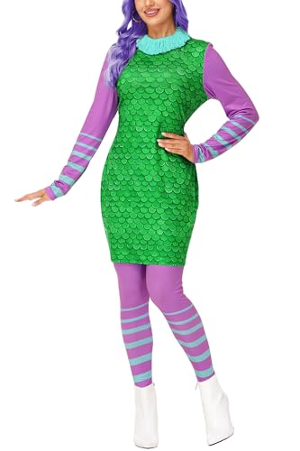 2 PCS Halloween Costume Outfits Womens Long Sleeve Mini Dress Stretchy Purple Tights Pants S