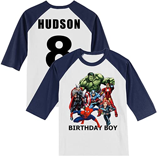 Personalized Avenging Super Hero Birthday Shirt | Handmade Decorated Shirt | Personalized with Name and Age | Unisex 3/4 Sleeve Raglan T-Shirt