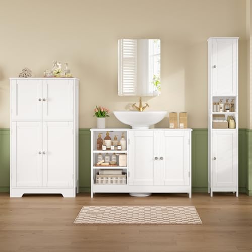 Image of TEENFON 35.4 inch Pedestal Sink Storage Cabinet with 2 Doors and Adjustable Shelves, Bathroom Sink Cabinet, Under Sink Storage with U-Shape Cut-Out, White