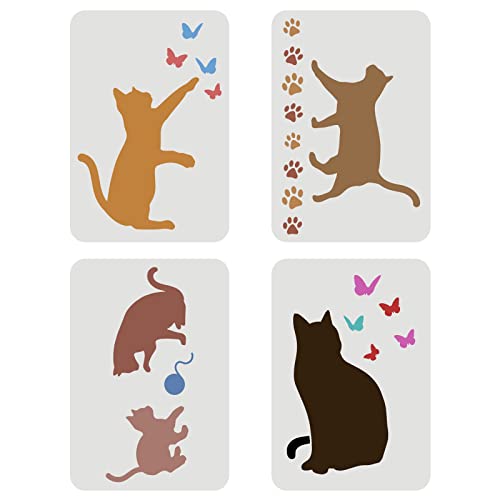 FINGERINSPIRE 4 Pcs Chat Papillon Pochoir 29.7x21cm Taille A4 Chat Jouant Boule de Fil Pochoir Réutilisable Grand Gabarit en Vinyle pour Peinture sur Bois Tissu Mur...