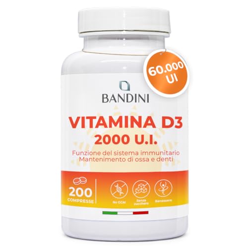 Bandini® Vitamina D 60.000 UI/mese 200 compresse (+6 mesi), Difese Immunitarie, Salute di Ossa, Denti e Muscoli, Metabolismo del Calcio, 50 mcg di Colecalciferolo, Vitamine D3 Pura ad Alto Dosaggio
