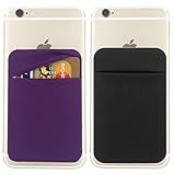 2Pack Cell Phone Card Holder[Double Secure with Pocket for ID/Credit Cards] for Back of Phone,Stick On Card Wallet Sticker Stretchy Lycra Fabric for iPhone,Android and All Smartphones-Purple,Black