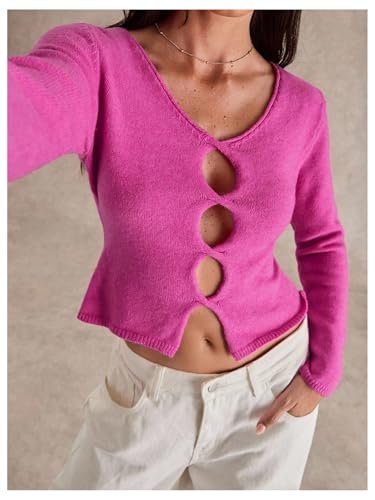 OYOANGLE Women's Cut Out Cropped Sweater Long Sleeve Crew Neck Split Hem Lightweight Pullover Tops4