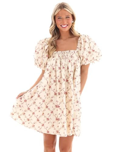 Image of Women Y2k Puff Sleeve Babydoll Dresses Square Neck Tie Back Mini Dress Summer Solid Off Shoulder Flowy Sundress