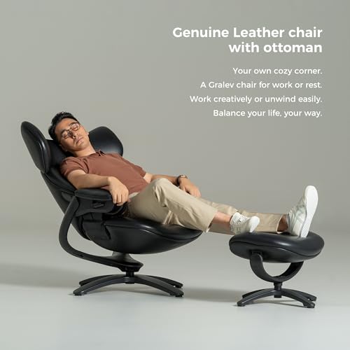 Image of TOMU Genuine Leather Reclining Swivel Chair with Adjustable Headrest and Ottoman for Living Room, Executive Office, Bedroom,Study. Real Leather Luxury Recliner for Reading and Relax (Black)