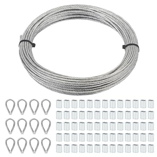 AIMUNOK 78PCS 10M Wire Rope Stainless Steel and Wire Rope Cable Thimbles Aluminum Crimping Loop Sleeve 1/16“ for Wire Rope Cable Thimbles Rigging