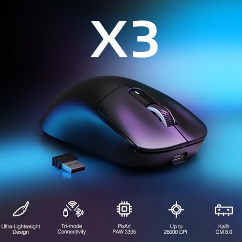 Image of ATTACK SHARK X3 Lightweight Wireless Gaming Mouse with Tri-Mode 2.4G /USB-C Wired /Bluetooth,Up to 26K DPI, PAW3395 Optical Sensor,Kailh GM8.0 Switch,5 programmable Buttons for PC /Laptop /Win /Mac(Black)