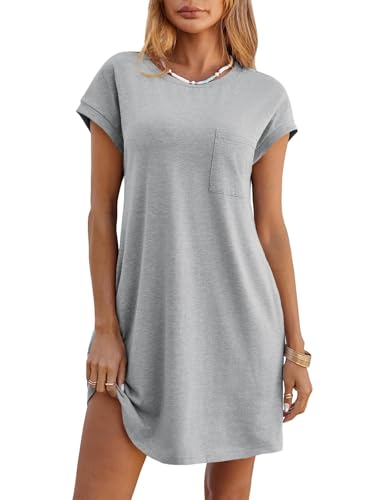 Wenrine Womens Summer T Shirt Dress Casual Short Sleeve Crewneck Loose Flowy Mini Dresses with Pockets Grey Marle