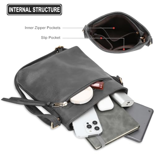 DOB SECHS Umhängetasche aus weichem PU-Leder für Damen, Klein Handtasche mit mehreren Taschen, Crossbody Bag Tasche Schultertasche mit verstellbarer Schultergurt, Grau