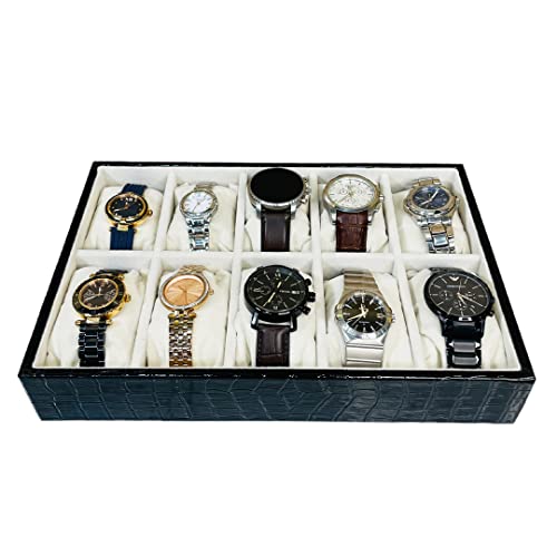 LA TROVE Leather Drawer Display Trays for Accessories, 10 Slots for Watches | Jewelry Storage Tray Display for Watches, Bracelets and Bangles and other Jewellery Needs (30 x 20 x 5 cm, Black)
