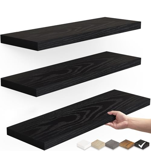 BAYKA Floating Shelves for Wall, Wall Mounted Rustic Wood Shelves for Bathroom, Bedroom, Living Room, Kitchen, Hanging Shelf for Books/Storage/Room Decor with 22lbs Capacity (Black, Set of 3, 15.7in)