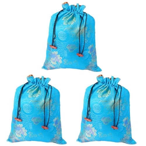 LUOZZY 3 Pcs Silk Drawstring Bag Chinese Jewelry Pouch Storage Bag for Wedding Party (Blue, Random)
