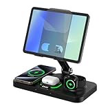 6-in-1 kabelloses Ladegerät für mehrere Apple-Geräte, Ladestation mit Uhr und 7-farbigem Umgebungslicht, faltbarer drehbarer Ständer für iPad, für iPhone 17/16/15, Unterstützung für Apple Watch 11/10