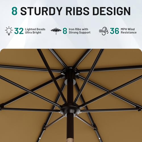 Image of AreShark 9FT Patio Umbrella with Solar Lights, 32 Lighted Pool Umbrella w /Tilt and Crank, Outdoor Market Solar Umbrellas for Garden, Deck, Backyard, Pool and Beach, Khaki