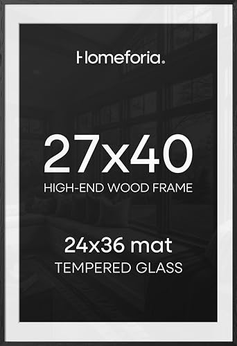 Image of Homeforia 27x40 Picture Frame Black Wood, High End Oak 27x40 Large Picture Frames with Mat 24x36 inch Photo, 27 x 40 Wooden Frame Matted to 24 x 36, 40x27 Thin Frame, Tempered Glass, Wall Kit, Set of 1