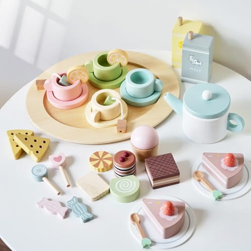 Image of Wooden Tea Party Set for Little Girls, 34 PCS Wooden Tea Set for Toddlers 3-5, Pretend Play Kids Wood Tea Set Toy, Play Kitchen Accessories with Play Food, Improve Imagination