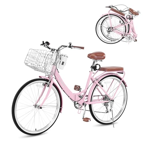 Image of 24 /26 Inch Folding Beach Cruiser Bike for Women, 7-Speed Foldable Bicycle with Basket & Cup Holder, Adult Commuter Bike with Adjustable Seat, Dual V-Brake System