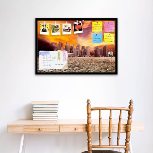 Image of ArtzFolio City Overlooking Desolate Desert | Bulletin Board Notice Pin Board | Vision Soft Board Combo with Thumb Push Pins & Sticky Notes | Black Frame | 18 x 12 inch (46 x 30 cms)
