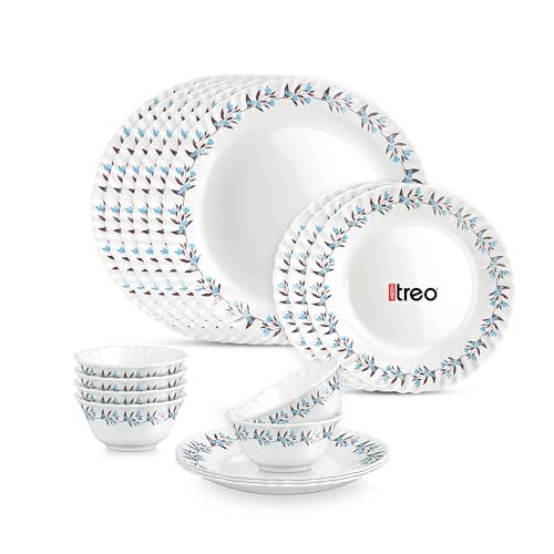 Image of Treo by Milton Opalware Aurelia Lavelle Dinner Set of 18 | Serving for 6 | Microwave & Dishwasher Safe | Bone-Ash Free | Tempered Toughness | Plates & Bowls | Crockery Set for Dining I Gift Set