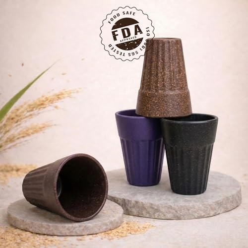 Image of Eco-Friendly Tea Cup Set of 4 | Kulhad Style Coffee & Tea Mugs | 140 ml Unbreakable, Stain-Free, Heat Resistant, Reusable, Microwave Safe | Rice Husk & Bamboo Fibre | Dark Multi-Color