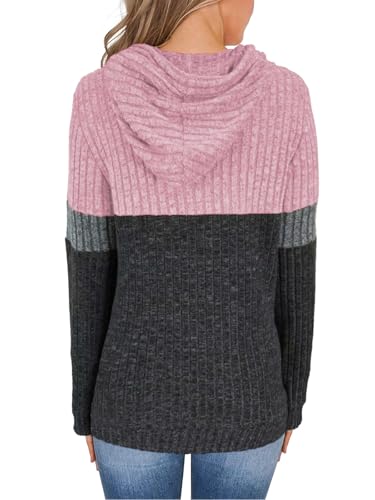 MixShe Women’s Color Block Knit Hoodie – Casual Long Sleeve Pullover Sweater Tops with Pocket