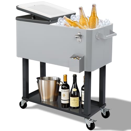 Outvita Cofre de hielo rodante de 80 cuartos de galón, enfriador de bebidas portátil con lavabo de captura, bandeja de almacenamiento inferior y abridor de botellas para patio, fiesta, barbacoa,