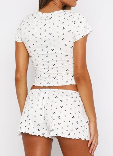 Image of Lacozy Cute Pajamas for Women Set 2 Piece Short Sleeve Pjs Floral Graphic Crop Top Y2K Summer Sleepwear Lounge Set