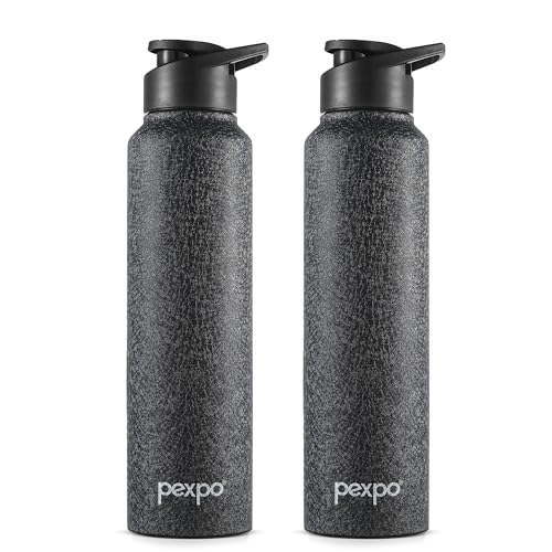 Go24 pexpo Water Bottle 1 ltr Stainless Steel Sports/Fridge Bottle with Sipper Cap (Pack of 2)| Single Wall | For Home, Office, Gym, Travelling | Lightweight | BPA Free | Chromo 950ml |Black