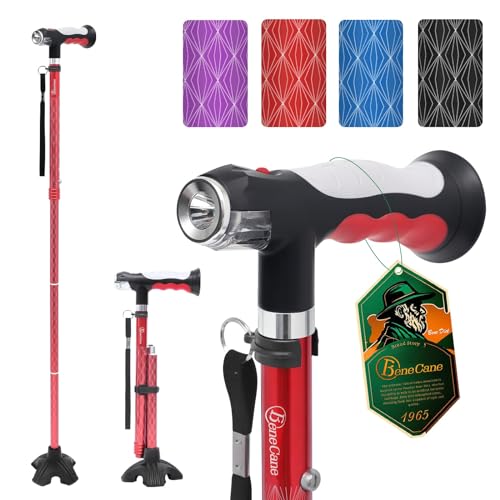 BeneCane Walking Cane for Women Folding Cane for Men with Two Led Lights Quad Cane with Stable Base Lightweight and Adjustable Walking Stick (Red)