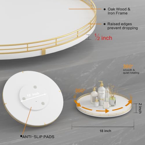 Image of Oroyutor 18-Inch Large Oak Lazy Susan Organizer, Gold and White | Oak wood base, smooth 360-degree rotation and gold-and-white design for dining tables, kitchen counters and spice storage.