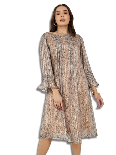Image of Styli Women Animal Print Shift Midi Dress | Boat Neck with Flared Sleeves Dress for Women| Stylish One Piece Dress for Party, Casual & Evening Outfits
