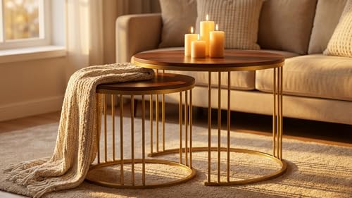 Image of Modern Nesting Table Set of 2 - Round Coffee Table with Engineered Wood Top & Metal Frame, Side Tables for Living Room, Bedroom & Lounge (Gold & Brown)