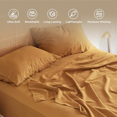 Bedsure Linen Sheets - Queen Size Bed, Blend from Linen Cotton Bedsheets, Breathable Cotton Bedsheets, Gifts for All Seasons, 4 Pieces, Pumpkin Yellow
